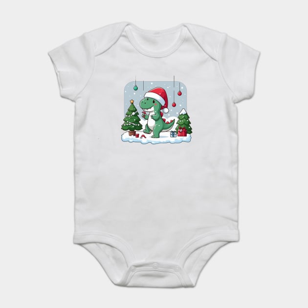 Cute Dino Santa Hat Xmas Cartoon Christmas Dinosaur Baby Bodysuit by Frank Ring